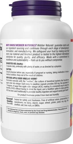 Cápsulas de Vinagre de Manzana Webber Naturals, ACV con Madre, 1500 mg por Porción, Alta Potencia, 240 Cápsulas, Soporte Digestivo Natural, Sin - imagen 3