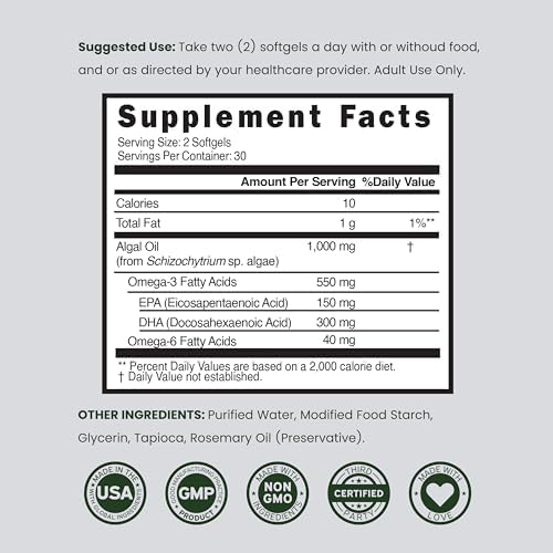 Aceite de Algas Omega 3 Vegano (60 Cápsulas Blandas) DHA EPA de Origen Vegetal - Sostenible, Sin Carragenina, No OGM | Salud del Corazón, Cerebro y - imagen 6