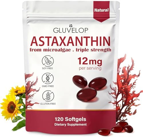 Suplementos Gluvelop Premium de Astaxantina 12mg - Antioxidante Natural de Microalgas para la Piel, Ojos y Salud Inmunológica - No GMO, Triple - imagen 1