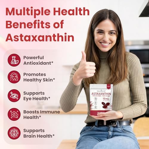 Suplementos Gluvelop Premium de Astaxantina 12mg - Antioxidante Natural de Microalgas para la Piel, Ojos y Salud Inmunológica - No GMO, Triple - imagen 2
