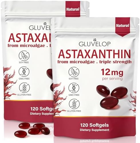 Suplementos Gluvelop Premium de Astaxantina 12mg - Antioxidante Natural de Microalgas para la Piel, Ojos y Salud Inmunológica - No GMO, Triple - imagen 8