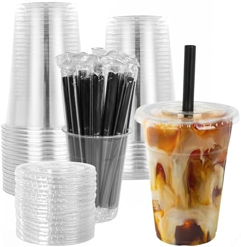 Vasos de Plástico Transparentes Desechables Lucdnc de 16oz con Tapas y Popotes para Batidos, Café Frío - 25 Piezas para Fiestas - imagen 1