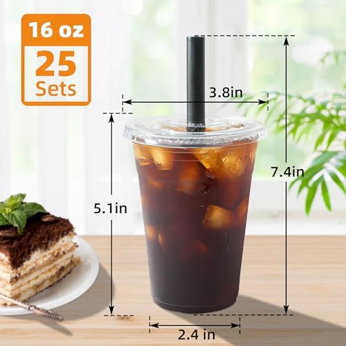 Vasos de Plástico Transparentes Desechables Lucdnc de 16oz con Tapas y Popotes para Batidos, Café Frío - 25 Piezas para Fiestas - imagen 2