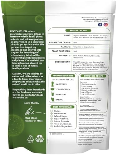 MRM Nutrition Cacao en Polvo Orgánico Fermentado - Superalimento Premium de Granos de Cacao Peruano, Rico en Antioxidantes, Sin Azúcar, Vegano, Sin - imagen 2