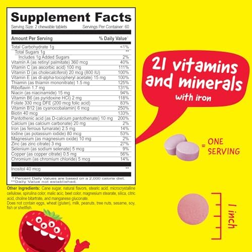 Multivitamínico Infantil con Hierro y Minerales - Tabletas Masticables Sabor Frutas Mixtas - Vegetariano, Sin OGM, Sin Nueces - 120 Tabletas - imagen 2