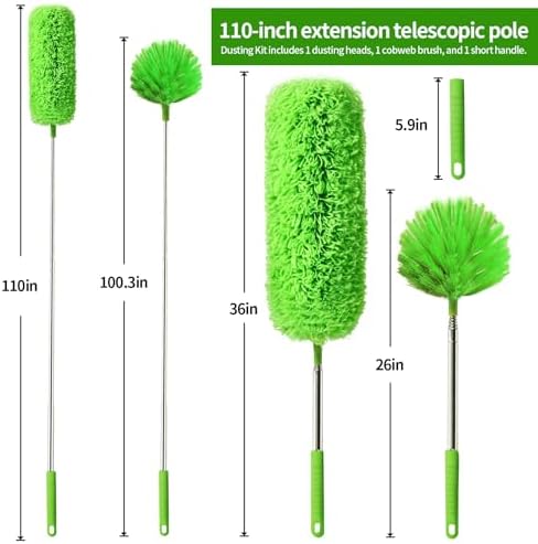 Duster para Telarañas con Extensión, Set Lavable de 2 Cabezas y Cepillo de Esquinas, Polo Telescópico de 15-110 Pulgadas para Techos Altos - imagen 2