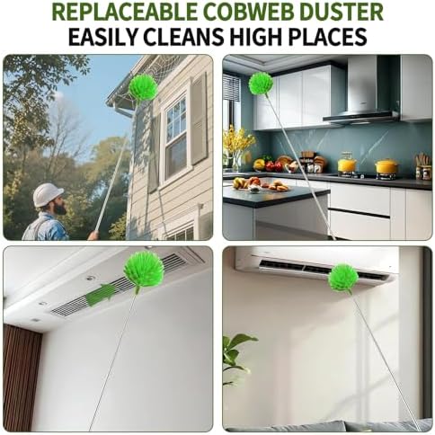 Duster para Telarañas con Extensión, Set Lavable de 2 Cabezas y Cepillo de Esquinas, Polo Telescópico de 15-110 Pulgadas para Techos Altos - imagen 3