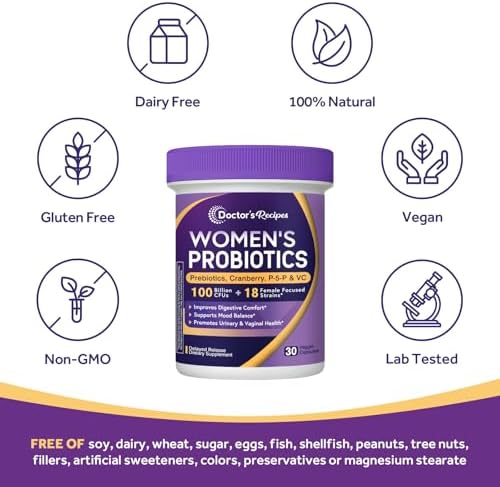Probioticos para Mujeres Doctor's Recipes, 100 Mil Millones CFU, 18 Cepas, Prebióticos, Arándano, P-5-P y VC, Soporte Vaginal, Digestivo e - imagen 5