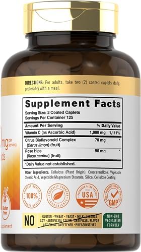 Carlyle Vitamina C 1000mg con Rosa Mosqueta y Bioflavonoides Cítricos | 250 Tabletas | Suplemento Vegetariano, No GMO, Sin Gluten - imagen 2
