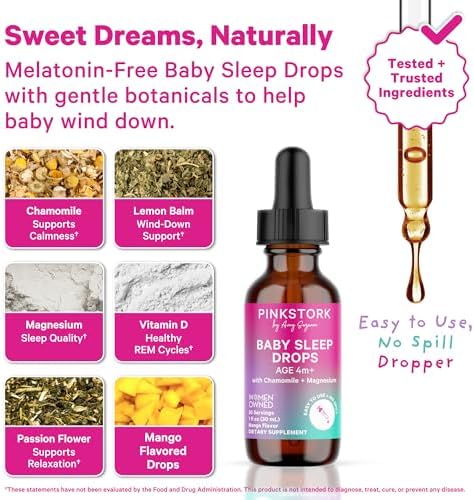 Pink Stork Gotas para Dormir Bebé, Apoyo Natural al Sueño Sin Melatonina para Bebés, Niños y Niñas, Manzanilla y Magnesio, 1 oz, 30 Porciones - imagen 2