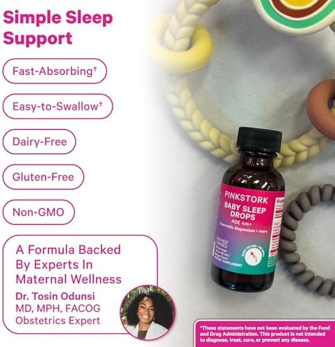 Pink Stork Gotas para Dormir Bebé, Apoyo Natural al Sueño Sin Melatonina para Bebés, Niños y Niñas, Manzanilla y Magnesio, 1 oz, 30 Porciones - imagen 3