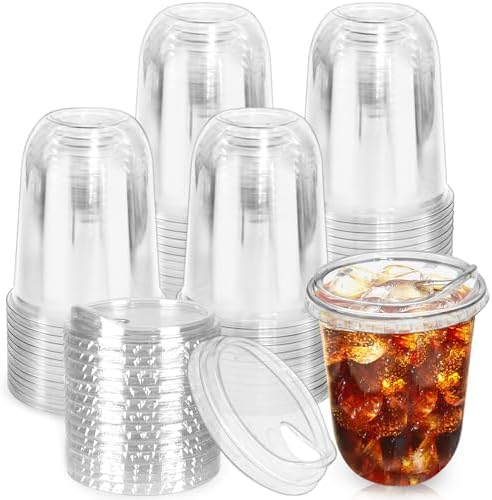 Kuihaazi Paquete de 50 Vasos de Plástico Transparentes de 16 oz con Tapas Sin Popote, Vasos Desechables para Bebidas Frías, Jugos y Fiestas - imagen 1