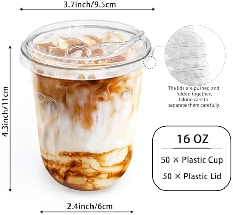 Kuihaazi Paquete de 50 Vasos de Plástico Transparentes de 16 oz con Tapas Sin Popote, Vasos Desechables para Bebidas Frías, Jugos y Fiestas - imagen 2