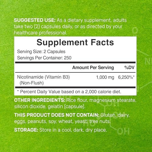 Nicotinamida 1,000mg por Porción – 500 Cápsulas de Vitamina B3, Niacina Sin Enrojecimiento, Apoya la Piel Saludable y Producción de Energía – No GMO - imagen 2