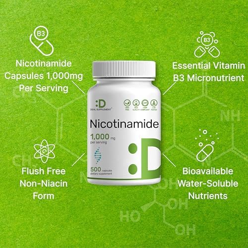 Nicotinamida 1,000mg por Porción – 500 Cápsulas de Vitamina B3, Niacina Sin Enrojecimiento, Apoya la Piel Saludable y Producción de Energía – No GMO - imagen 4