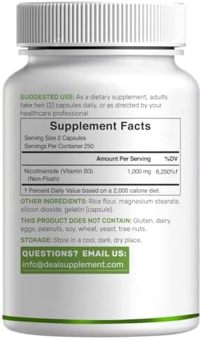 Nicotinamida 1,000mg por Porción – 500 Cápsulas de Vitamina B3, Niacina Sin Enrojecimiento, Apoya la Piel Saludable y Producción de Energía – No GMO - imagen 7