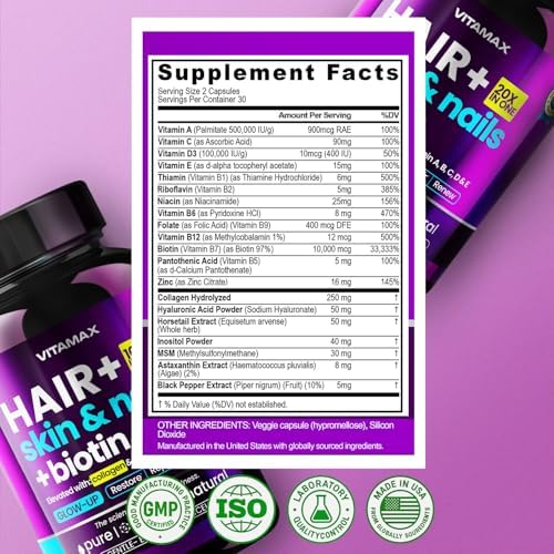 Suplemento de Biotina, Colágeno y Queratina con Ácido Hialurónico - Crecimiento de Cabello Más Fuerte, Piel Saludable y Uñas Fuertes - Extra Fuerte - - imagen 7