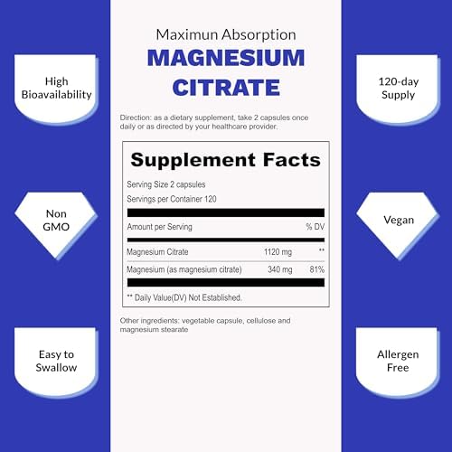 UpNourish Citrato de Magnesio Puro 1120mg, 240 Cápsulas - Suplemento de Magnesio de Alta Absorción para Hombres y Mujeres - Relajante Natural, Alivio - imagen 2