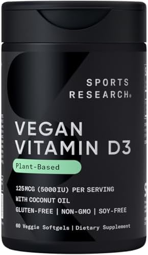 Vitaminas D3 Veganas Sports Research 5000 IU (125 mcg) con Aceite de Coco | Soporte para Huesos, Articulaciones e Inmunidad | 60 Softgels Sin - imagen 1