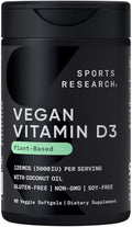 Vitaminas D3 Veganas Sports Research 5000 IU (125 mcg) con Aceite de Coco | Soporte para Huesos, Articulaciones e Inmunidad | 60 Softgels Sin - imagen 1