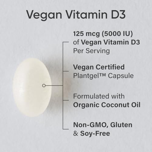 Vitaminas D3 Veganas Sports Research 5000 IU (125 mcg) con Aceite de Coco | Soporte para Huesos, Articulaciones e Inmunidad | 60 Softgels Sin - imagen 2
