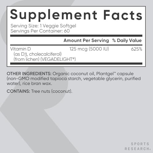 Vitaminas D3 Veganas Sports Research 5000 IU (125 mcg) con Aceite de Coco | Soporte para Huesos, Articulaciones e Inmunidad | 60 Softgels Sin - imagen 5