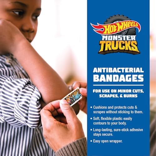 Curitas Antibacteriales Hot Wheels Monster Trucks para Niños, 100 Piezas en 3 Tamaños, Adhesivas y Flexibles para Cortes y Raspones. Ideal como - imagen 3