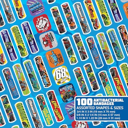 Curitas Antibacteriales Hot Wheels Monster Trucks para Niños, 100 Piezas en 3 Tamaños, Adhesivas y Flexibles para Cortes y Raspones. Ideal como - imagen 4