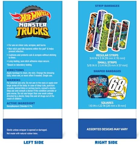 Curitas Antibacteriales Hot Wheels Monster Trucks para Niños, 100 Piezas en 3 Tamaños, Adhesivas y Flexibles para Cortes y Raspones. Ideal como - imagen 7