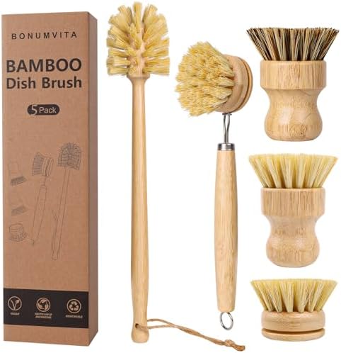 Set de 5 Cepillos de Bambú BONUMVITA, Cepillo de Madera de 14'' y Cepillo Natural para Fregar Platos, Ollas, Sartenes y Verduras - imagen 1