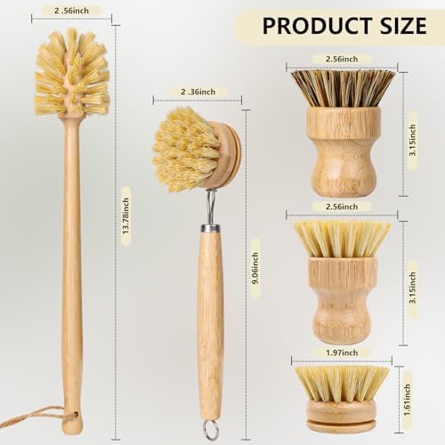 Set de 5 Cepillos de Bambú BONUMVITA, Cepillo de Madera de 14'' y Cepillo Natural para Fregar Platos, Ollas, Sartenes y Verduras - imagen 2