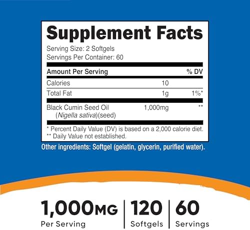 Aceite de Semilla de Comino Nutricost - Prensado en Frío, Fuente de Omega 3 6 9 - 120 Softgels, 1000mg por Porción, 60 Porciones - Sin OGM y Libre de - imagen 2