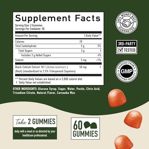 Gomitas de Black Cohosh para Alivio de Menopausia, Sofocos y Sudores Nocturnos | 50mg de Raíz de Black Cohosh para Mujeres | Sin Gluten, Vegetariano, - imagen 6