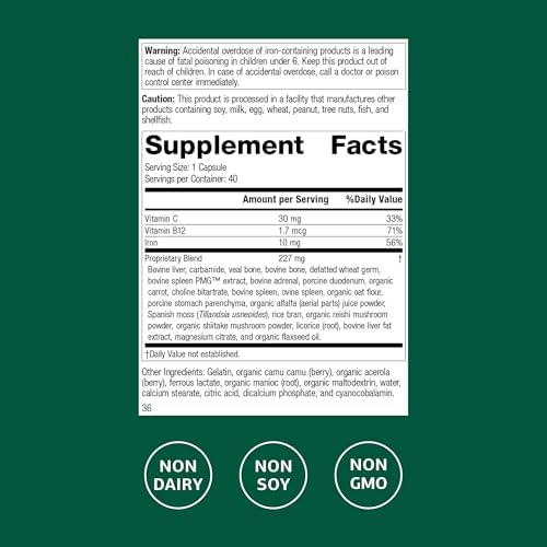 Suplemento de Hierro Ferrofood de Standard Process - Apoya la Producción Normal de Sangre - Mejora la Absorción de Hierro con Vitamina C - 40 Cápsulas - imagen 2