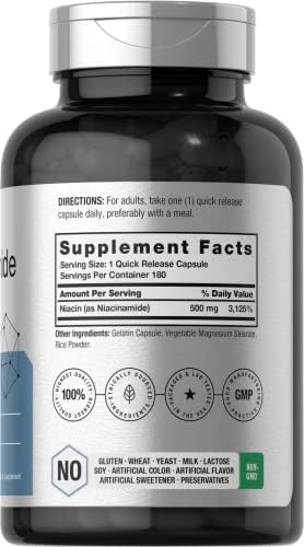 Horbäach Nicotinamida 500mg | 180 Cápsulas | Suplemento Dietético Sin Enrojecimiento | Vitamina No Transgénica y Libre de Gluten - imagen 2