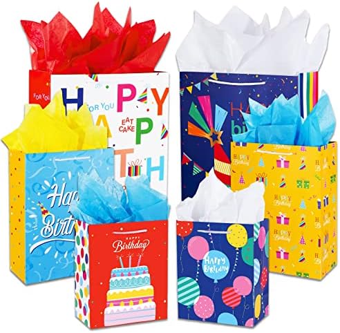 Bolsa de Regalo de Cumpleaños con Asa y Papel de Seda, 12 Pzs de Bolsas de Regalo en Tamaños y Diseños Variados, Grande, Mediana, Pequeña para Niños - imagen 1