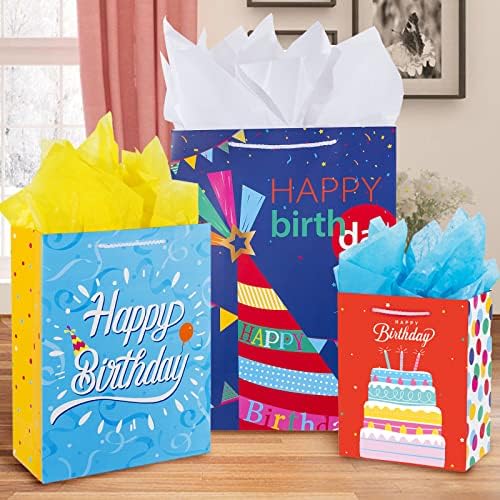 Bolsa de Regalo de Cumpleaños con Asa y Papel de Seda, 12 Pzs de Bolsas de Regalo en Tamaños y Diseños Variados, Grande, Mediana, Pequeña para Niños - imagen 2