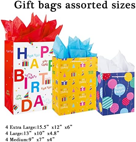 Bolsa de Regalo de Cumpleaños con Asa y Papel de Seda, 12 Pzs de Bolsas de Regalo en Tamaños y Diseños Variados, Grande, Mediana, Pequeña para Niños - imagen 3