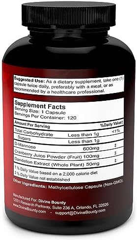Cápsulas de D-Mannosa Divine Bounty - 600mg de D Mannosa por cápsula con Extracto de Arándano y Diente de León para la Salud del Tracto Urinario - - imagen 2