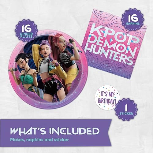 Platos y Servilletas Únicas de KPop Demon Hunters para 16 | Decoraciones de Cumpleaños KPop Demon Hunters | Licencia Oficial - imagen 3