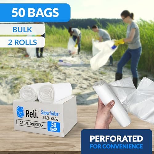 Bolsas de Basura Reli. de 33 Galones Resistentes | Paquete de 50 Bolsas con Cintas | Tamaño Grande, Transparentes, para Limpieza Efectiva - imagen 2