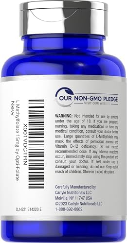 Carlyle L Methylfolato 15mg | 60 Cápsulas | Máxima Potencia | Optimizado y Activado | Sin OGM, Libre de Gluten | Methyl Folate, 5-MTHF | por - imagen 3