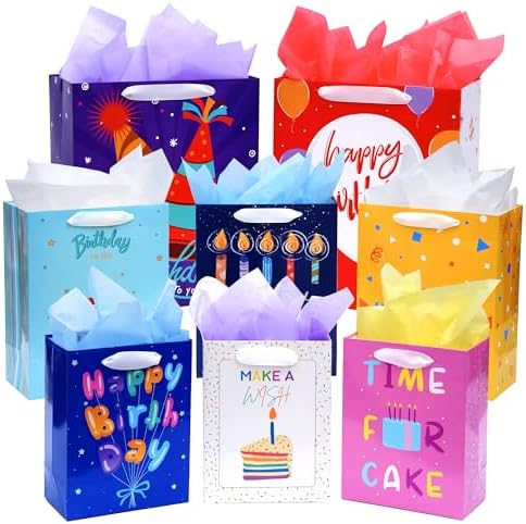 Nihuecne 8 Paquetes de Bolsas de Regalo de Cumpleaños en Tamaños Variados (2 Extra Grandes 15, 3 Grandes 13, 3 Medianas 9) con Asa de Cinta y Papel - imagen 1