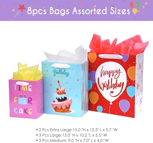 Nihuecne 8 Paquetes de Bolsas de Regalo de Cumpleaños en Tamaños Variados (2 Extra Grandes 15, 3 Grandes 13, 3 Medianas 9) con Asa de Cinta y Papel - imagen 2