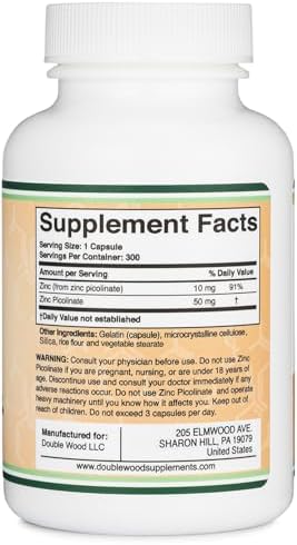 Zinc Picolinato 50mg, 300 Cápsulas (Soporte Inmunológico) Sin OGM, Libre de Gluten (Suministro para 300 Días) de Double Wood Supplements - imagen 2
