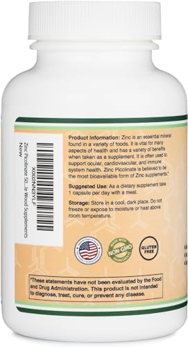 Zinc Picolinato 50mg, 300 Cápsulas (Soporte Inmunológico) Sin OGM, Libre de Gluten (Suministro para 300 Días) de Double Wood Supplements - imagen 3
