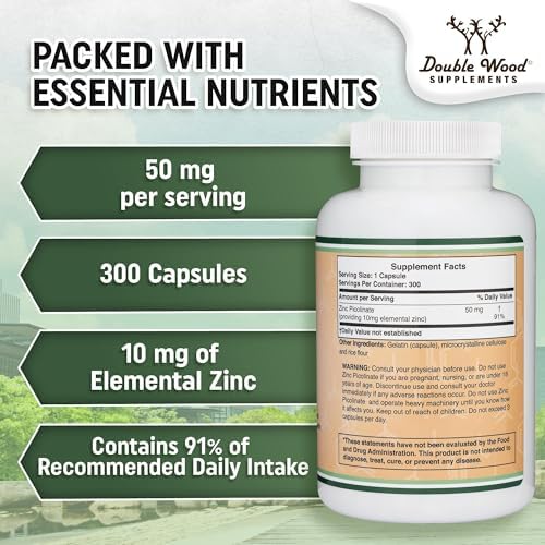 Zinc Picolinato 50mg, 300 Cápsulas (Soporte Inmunológico) Sin OGM, Libre de Gluten (Suministro para 300 Días) de Double Wood Supplements - imagen 5