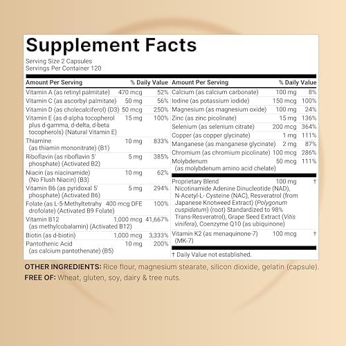 Multivitamínico Metilado para Hombres y Mujeres, 240 Cápsulas | Fórmula 27 en 1 con Vitaminas B, C, D3, K2, NAD, NAC, CoQ10, Resveratrol, Magnesio, - imagen 2