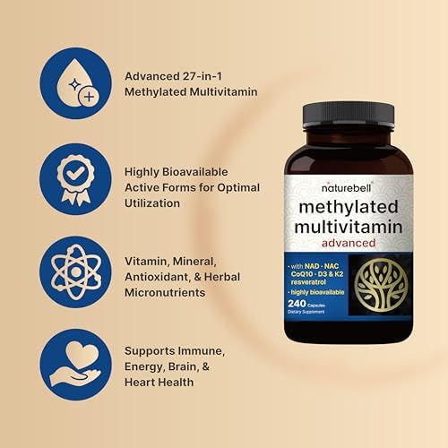 Multivitamínico Metilado para Hombres y Mujeres, 240 Cápsulas | Fórmula 27 en 1 con Vitaminas B, C, D3, K2, NAD, NAC, CoQ10, Resveratrol, Magnesio, - imagen 3