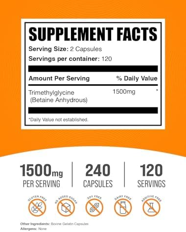 Cápsulas de TMG BulkSupplements.com - Trimetilglicina como Betaína Anhidra, Suplemento TMG, Sin Gluten, 2 Cápsulas por Porción (1500mg), 240 - imagen 2